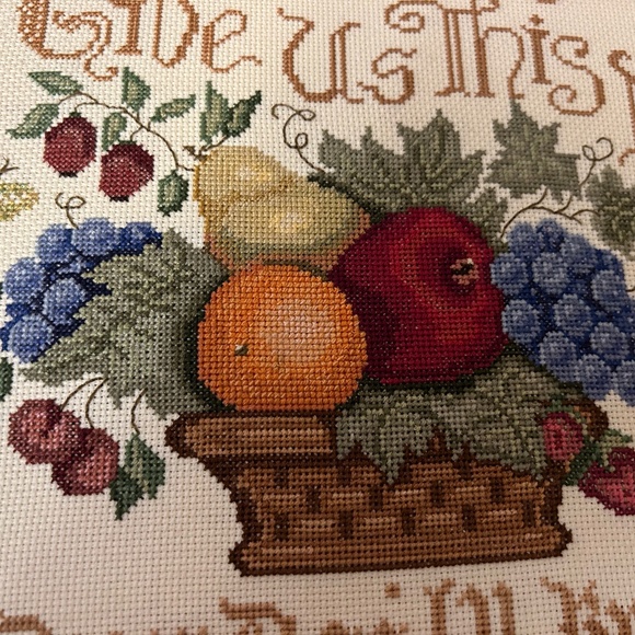 Cross stitched fruit basket with apples, grapes, oranges and leaves. - Picture 2 of 5